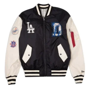 new era los angeles dodgers bomber jacket front view