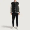 black wool and white leather letterman varsity jacket full front look