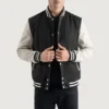 black wool and white leather varsity letterman jacket