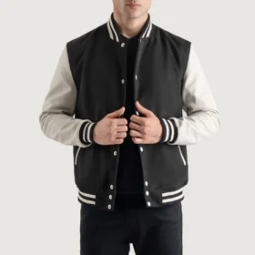 Men's Black Wool & White Leather Varsity Jacket