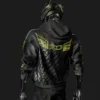 cyborg black leather jacket back view with yellow logo