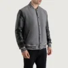 gray wool and black leather varsity jacket