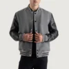 gray wool and black leather varsity letterman jacket front view