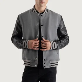 Men's Gray Wool & Black Leather Varsity Jacket