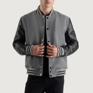 gray wool and black leather varsity letterman jacket front view