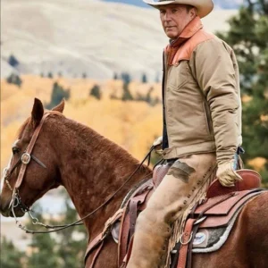 john dutton wearing beige and orange cotton jacket