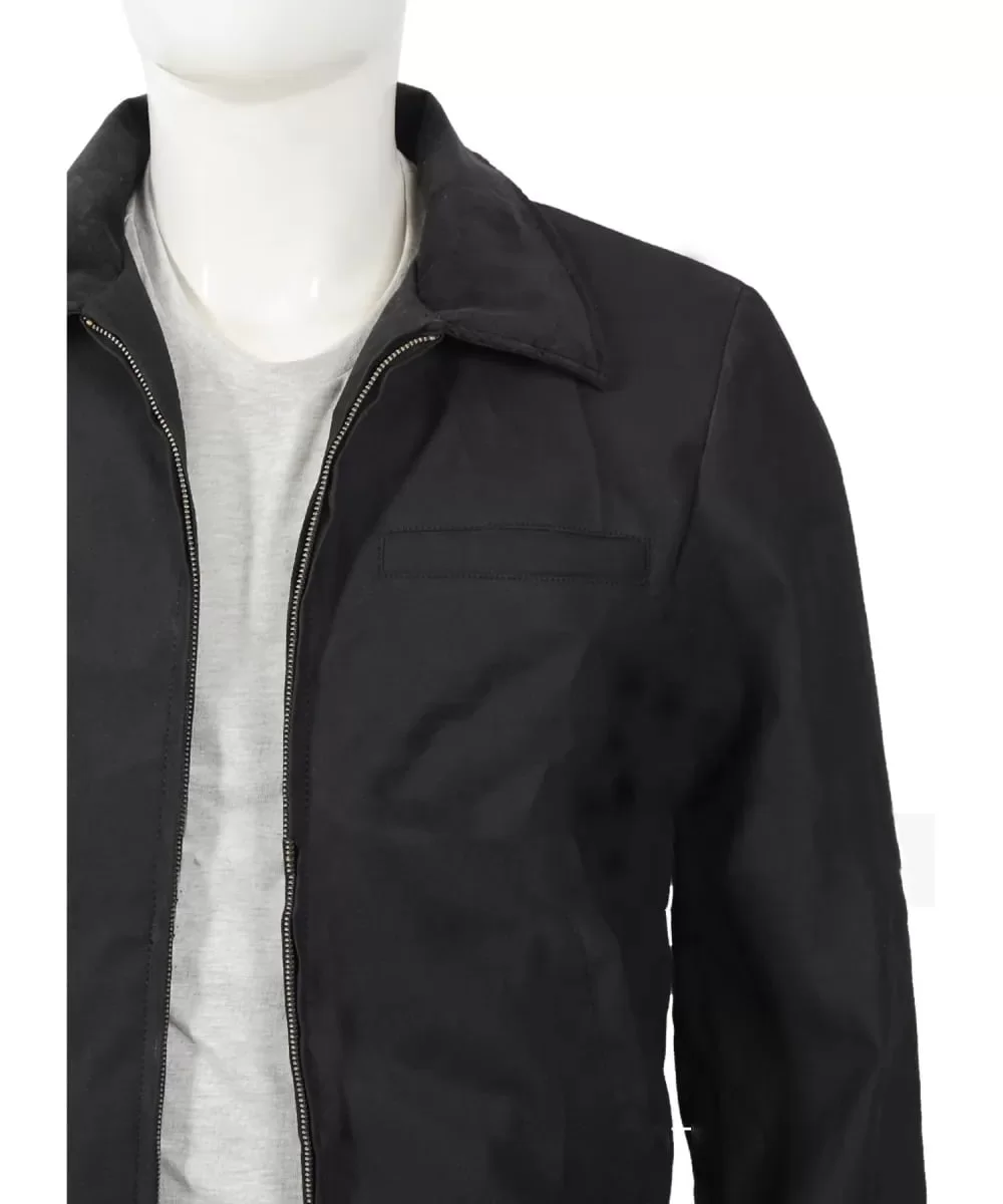 john dutton black bomber cotton jacket yellowstone pocket close-up