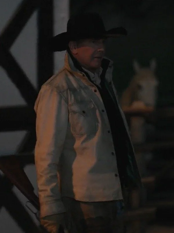 john dutton yellowstone cream white leather jacket night look