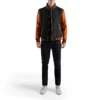 mens black wool and orange leather varsity jacket