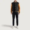 mens black wool & gold leather varsity jacket front full look