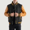 men's black wool & gold leather varsity letterman jacket front view