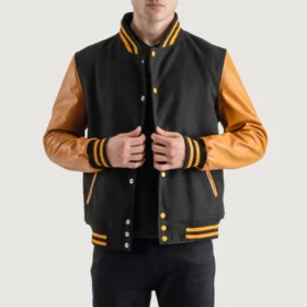 Men's Black Wool & Gold Leather Varsity Jacket