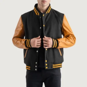 men's black wool & gold leather varsity letterman jacket front view