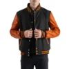 men's black wool & orange leather varsity letterman jacket front view