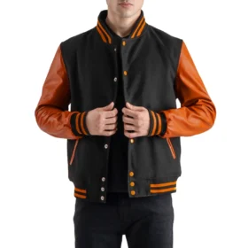 Men's Black Wool & Orange Leather Varsity Jacket