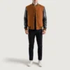 men's brown wool and black leather varsity jacket front full look