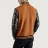 mens brown wool and black leather varsity letterman jacket back view