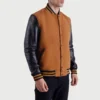 mens brown wool & black leather varsity letterman jacket side view