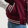 mens burgundy maroon wool and white leather varsity letterman jacket pocket close-up
