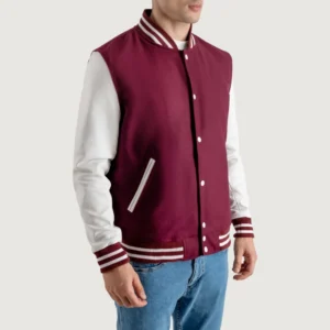 mens burgundy maroon wool & white leather varsity letterman jacket side view