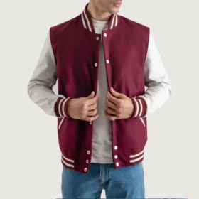 Men's Burgundy Maroon Wool & White Leather Varsity Jacket