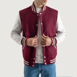 men's burgundy maroon wool & white leather varsity letterman jacket front view