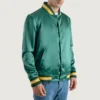 mens forest green satin letterman jacket with Yellow Stripes side view