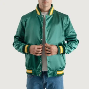 men's forest green satin letterman jacket with Yellow Stripes front view