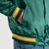 mens forest green satin letterman jacket with Yellow Stripes pocket close-up