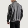 men's gray wool and black leather varsity letterman jacket back view