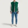 mens kelly green wool and white leather varsity letterman jacket