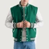 men's kelly green wool & white leather varsity jacket front view