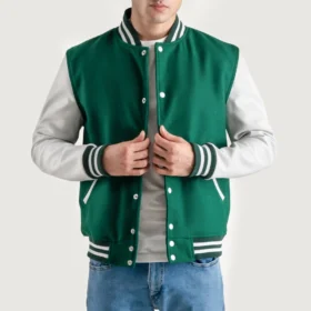 Men's Kelly Green Wool & White Leather Varsity Jacket