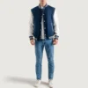 men's navy blue wool & white leather varsity letterman jacket front full look