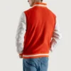 men's orange wool and white leather varsity letterman jacket back view