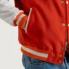 mens orange wool and white leather varsity letterman jacket pocket close-up