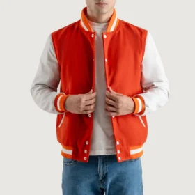Men's Orange Wool & White Leather Varsity Jacket