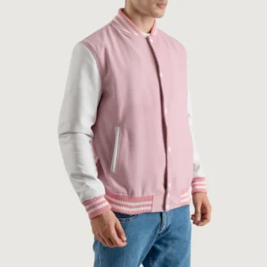 mens pink wool & white leather varsity letterman jacket side view