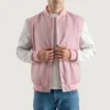 men's pink wool & white leather varsity letterman jacket front view