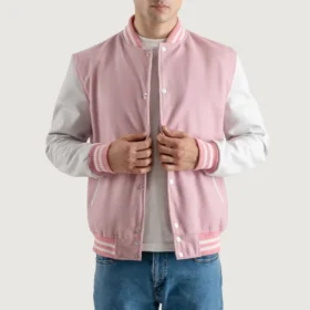 Men's Pink Wool & White Leather Varsity Jacket