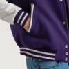 mens purple wool and white leather varsity letterman jacket pocket close-up