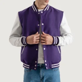Men's Purple Wool & White Leather Varsity Jacket