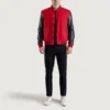 mens red and black wool & leather varsity jacket front full look