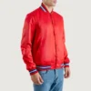 mens red satin varsity letterman jacket side view