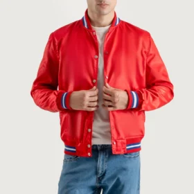 Men's Red Satin Varsity Jacket With White Stripes