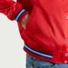mens red satin varsity letterman jacket with white stripes