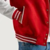 mens red wool and white leather varsity letterman jacket pocket close-up