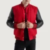 men's red wool & black leather varsity jacket front view