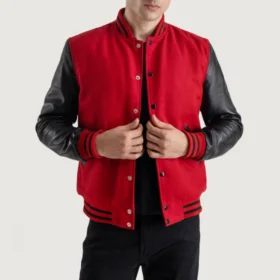 Men's Red Wool & Black Leather Varsity Jacket