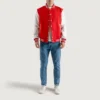 men's red wool & white leather varsity jacket front full look